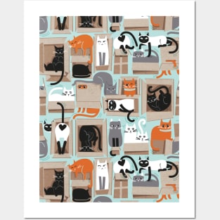 Purfect feline architecture // pattern // aqua background cute cats in cardboard boxes Posters and Art